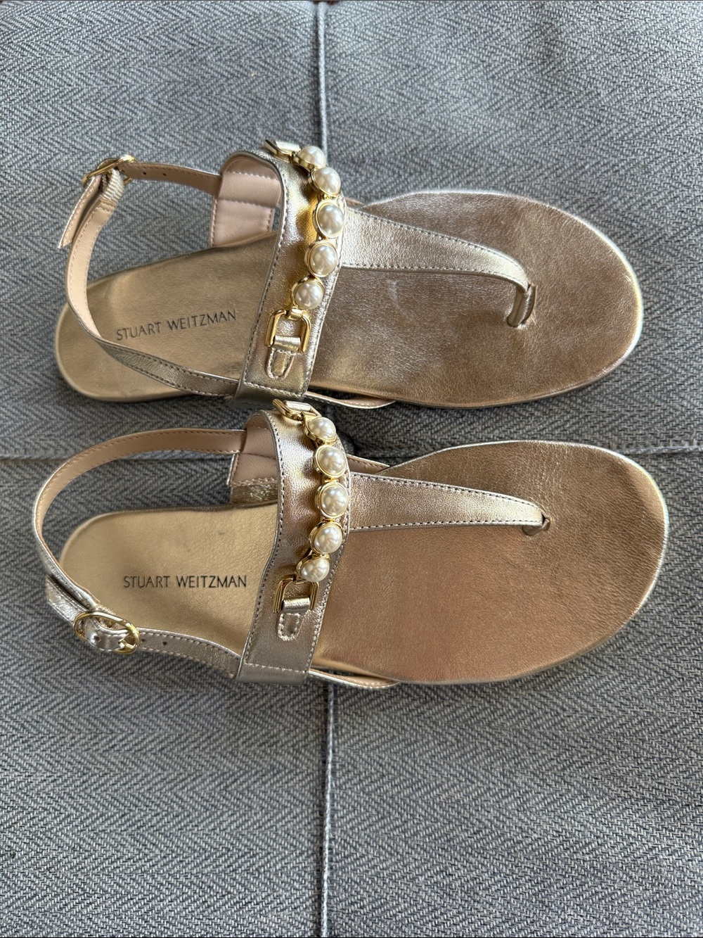 Stuart Weitzman Metallic Gold Pearl-Embellished T-Strap Sandals